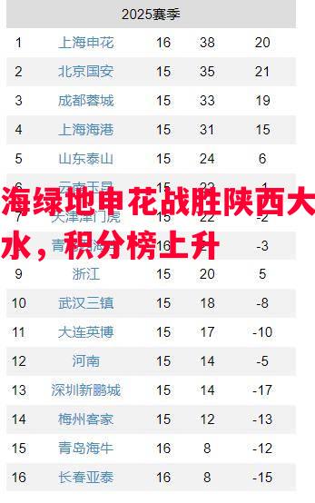 上海绿地申花战胜陕西大秦之水，积分榜上升